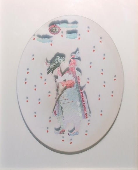 Abdullah M. I. Syed COURTING FALCONS III 2015 Hand-cut 100 Dirham UAE banknote in a shadow box 11 x 9 in.