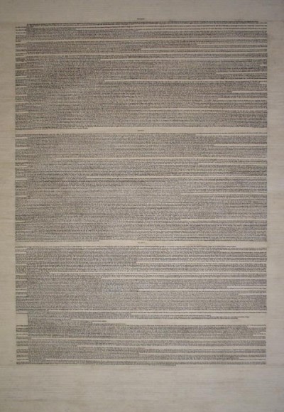 Ayaz Jokhio METAMORPHOSIS 2008 Hand-cut text from book on paper 86 x 37 in.