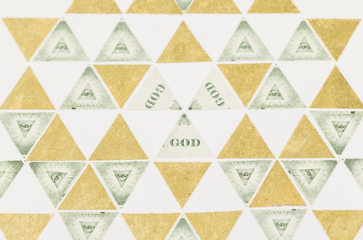 Abdullah M. I. Syed Illuminated Prisms Manuscript I: Pg. 4 (Detail) 2017 Hand-cut U.S. $1 banknotes collage and 24k gold on Illustration board 22.75 x 15 in