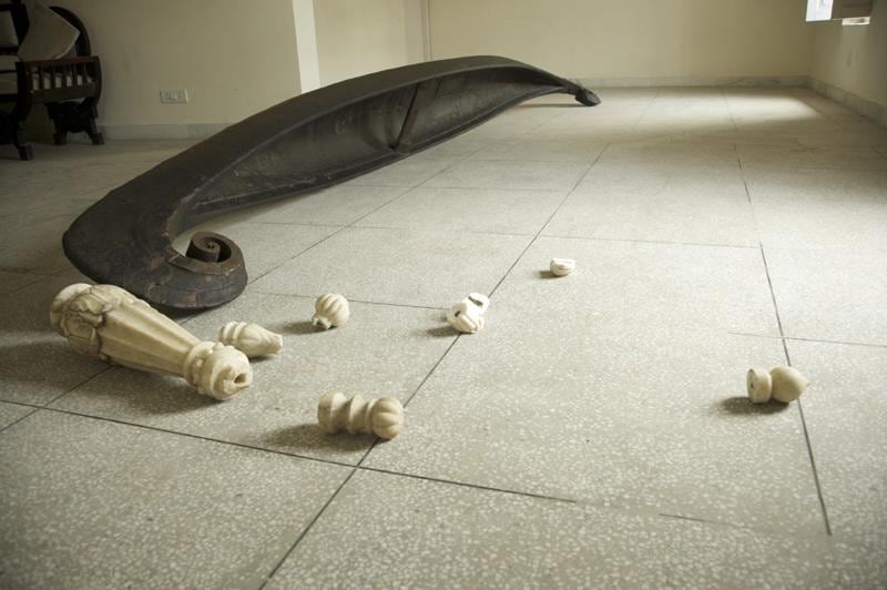 G.R. Iranna THE BOAT ON HUNGER STRIKE 2008 Wood, marble, cotton and metal 228 x 72 x 24 in.