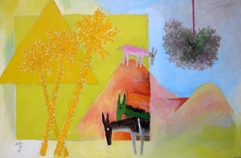 M.F. Husain THREE DONKEYS 1971 Oil on canvas 26.5 x 44 in.
