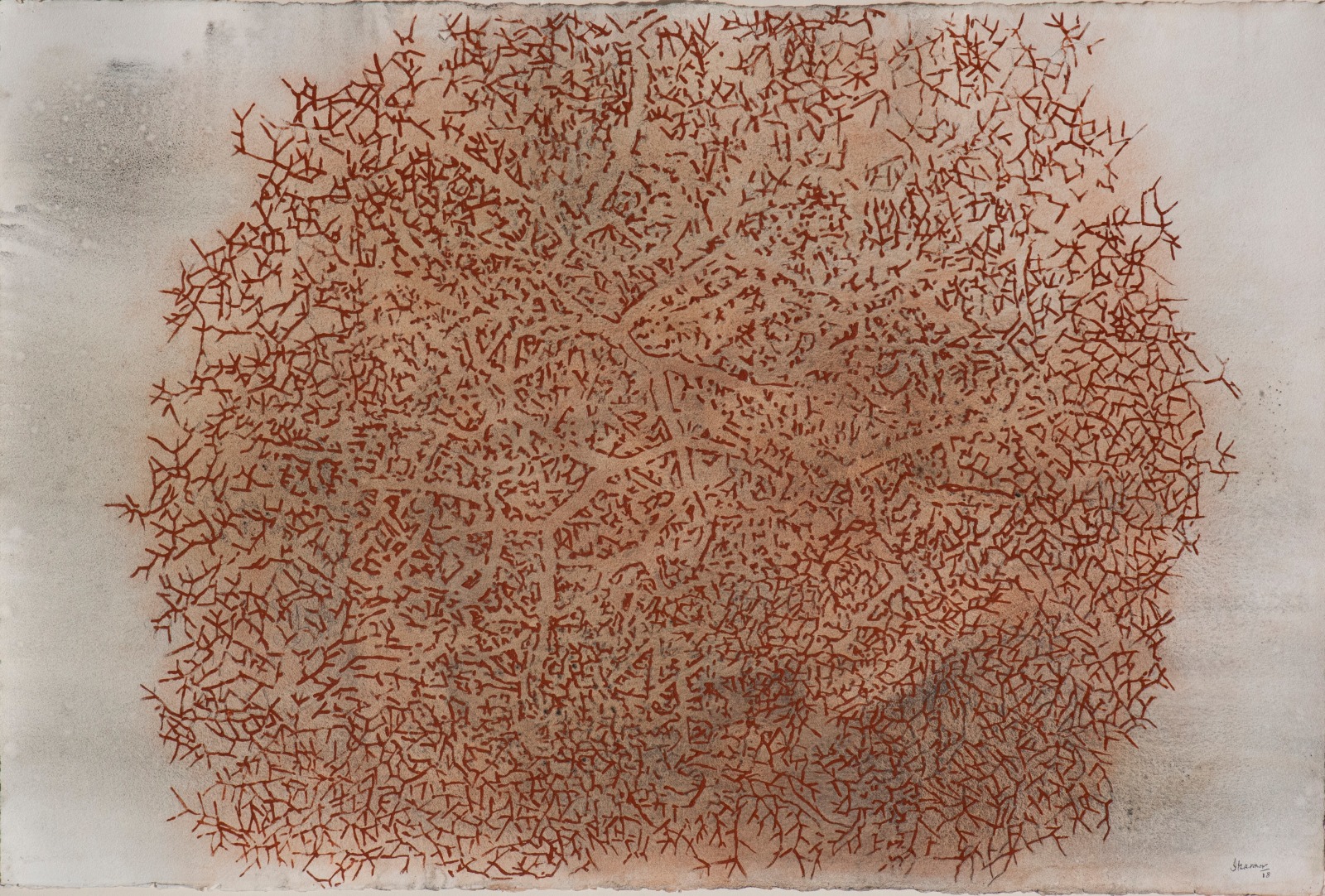 G. R. Iranna Merging Story in Mud Tree, 2022 Terracotta and charcoal dust on paper 42h x 60w in