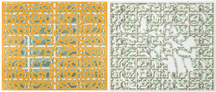 Abdullah M. I. Syed Mapping Investment: Afghanistan, 2017 Hand-cut U.S. $2 banknote sheet and banknote collage with acrylic on wasli 20.25 x 50.25 in