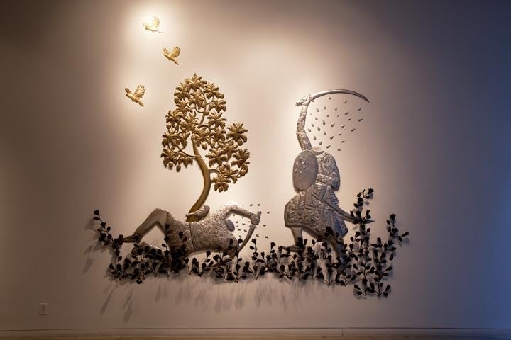 Adeela Suleman MUBARIZUN - NO MORE SERIES 1 2014 Hand-beaten stainless steel, iron and brass 110 x 108 in.