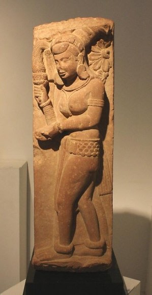 Double-Sided Railing Fragment Depicting Yakshis Northern India, Kushan Period, Mathura c. 2nd Century Red mottled sandstone Height: 27 in.