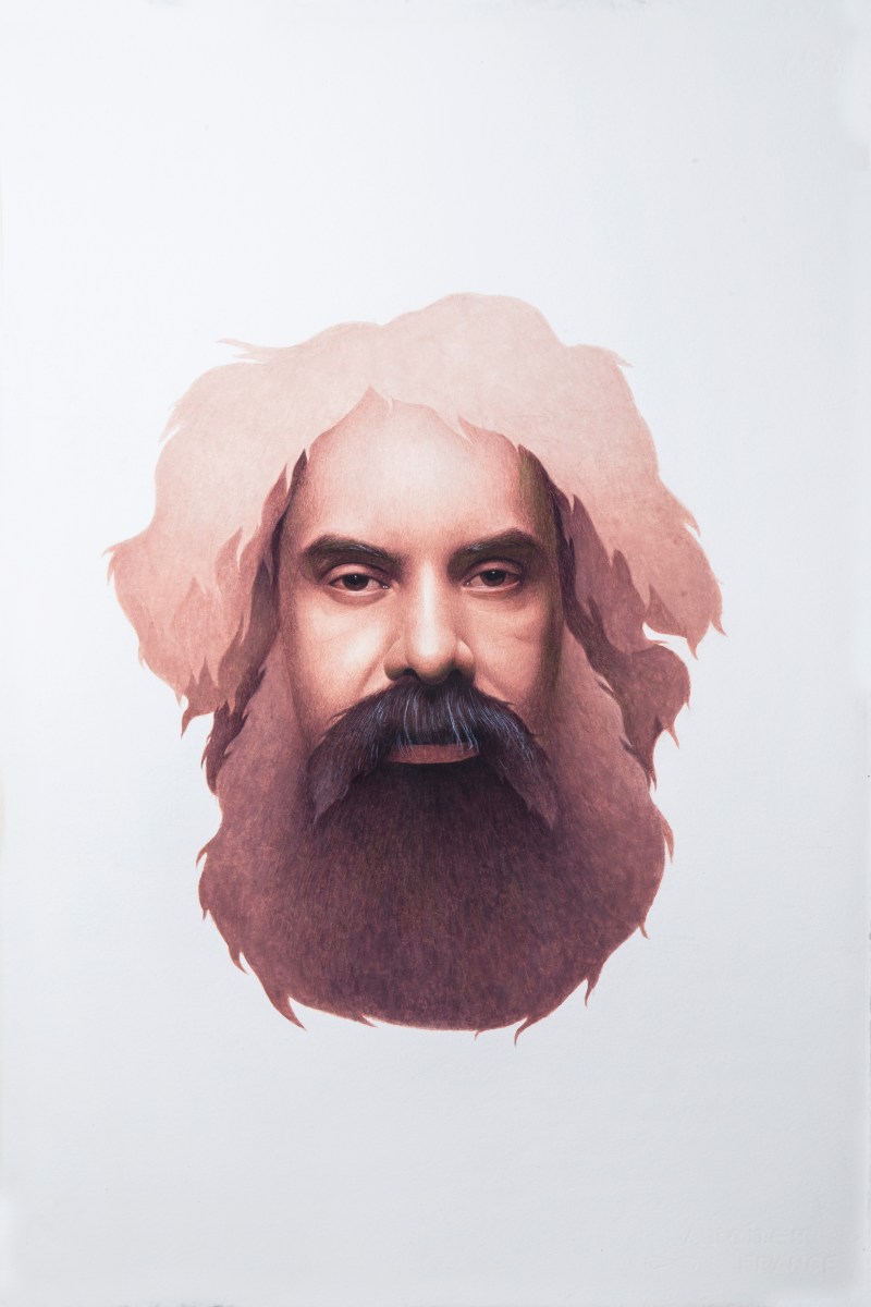 Irfan Hasan, Head of Ayaz Jokhio Homage to Sani Ol Molk, 2017, Opaque watercolor on paper, 22 x 15 in