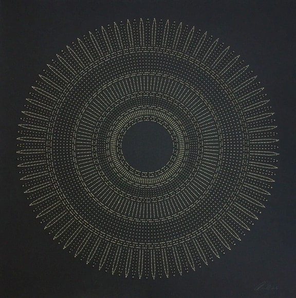 Anila Quayyum Agha Circle The Kaaba (Tan) 2016 Mixed media on paper (Black and tan beads and embroidery on black paper) 29 x 29 in.
