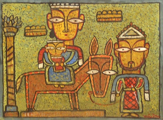 Jamini Roy HOLY FAMILY Tempera on board 17 x 21 in.