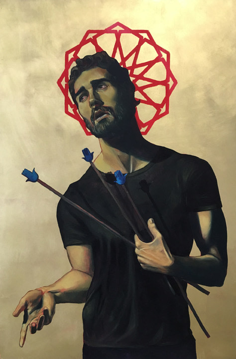 Komail Aijazuddin, Icon with Arrows, 2016, Oil and gold leaf on panel, 36 x 24 in