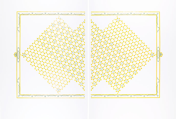 Abdullah M. I. Syed Illuminated Prisms Manuscript II: Page 3 - Recto/Verso, 2017 Hand-cut U.S. $1 banknotes collage and 24k gold on Illustration board 39.50 x 50 in