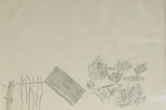 Laxma Goud BITS & SCRAPS TRUNK, HANDBAG 1975 Pencil on paper 19 x 30 in. SOLD