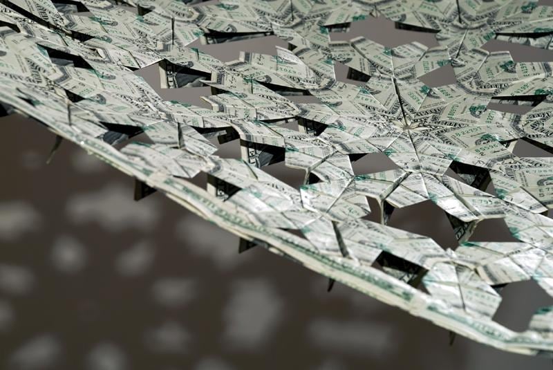 Abdullah M. I. Syed THE FLYING RUG IV 2011 Folded U.S. one dollar bills and staple pins 24 x 38 in.