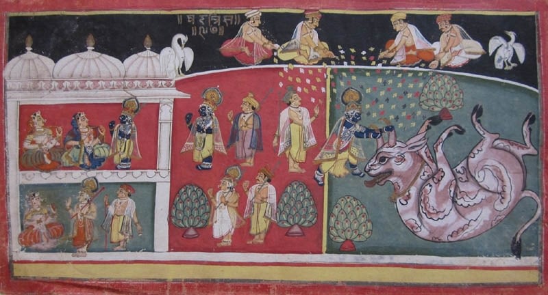 Bhagavata Purana 1 Northern India, Rajasthan, Malwar 1720 Opaque watercolour heightened with gold on wasli 6.25 x 12.5 in.