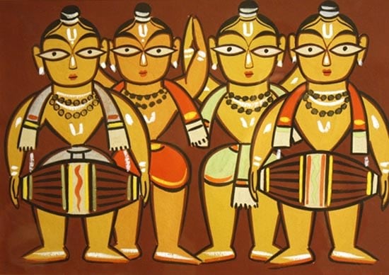 Jamini Roy UNTITLED (FOUR DRUMMERS) ND Gouache on card 13 x 19 in.