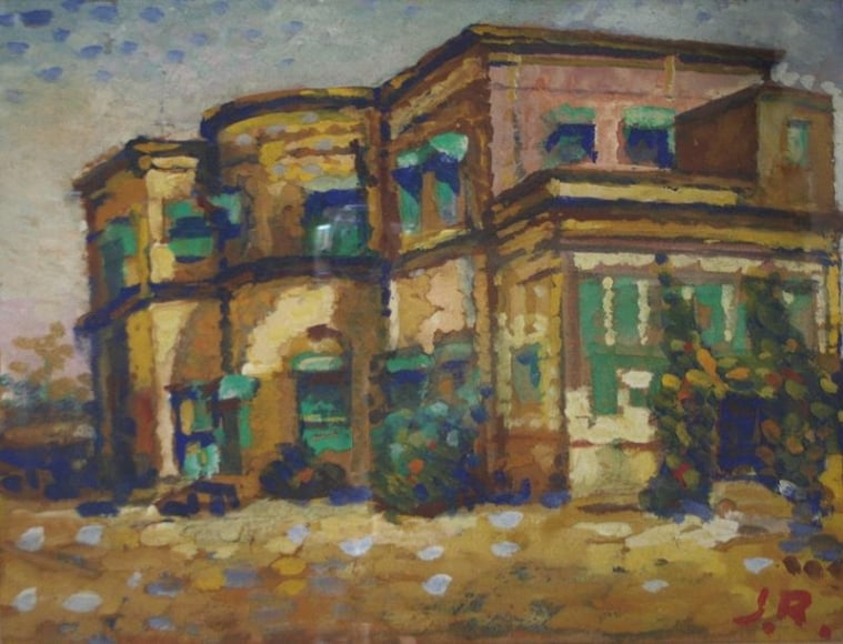 Jamini Roy IMPRESSIONIST HOUSES ND Painting on board 13.5 x 17.5 in.