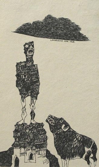 K. Laxma Goud MAN ON CITY AND BEAST 1968 Ink on board 9.5 x 6 in. SOLD