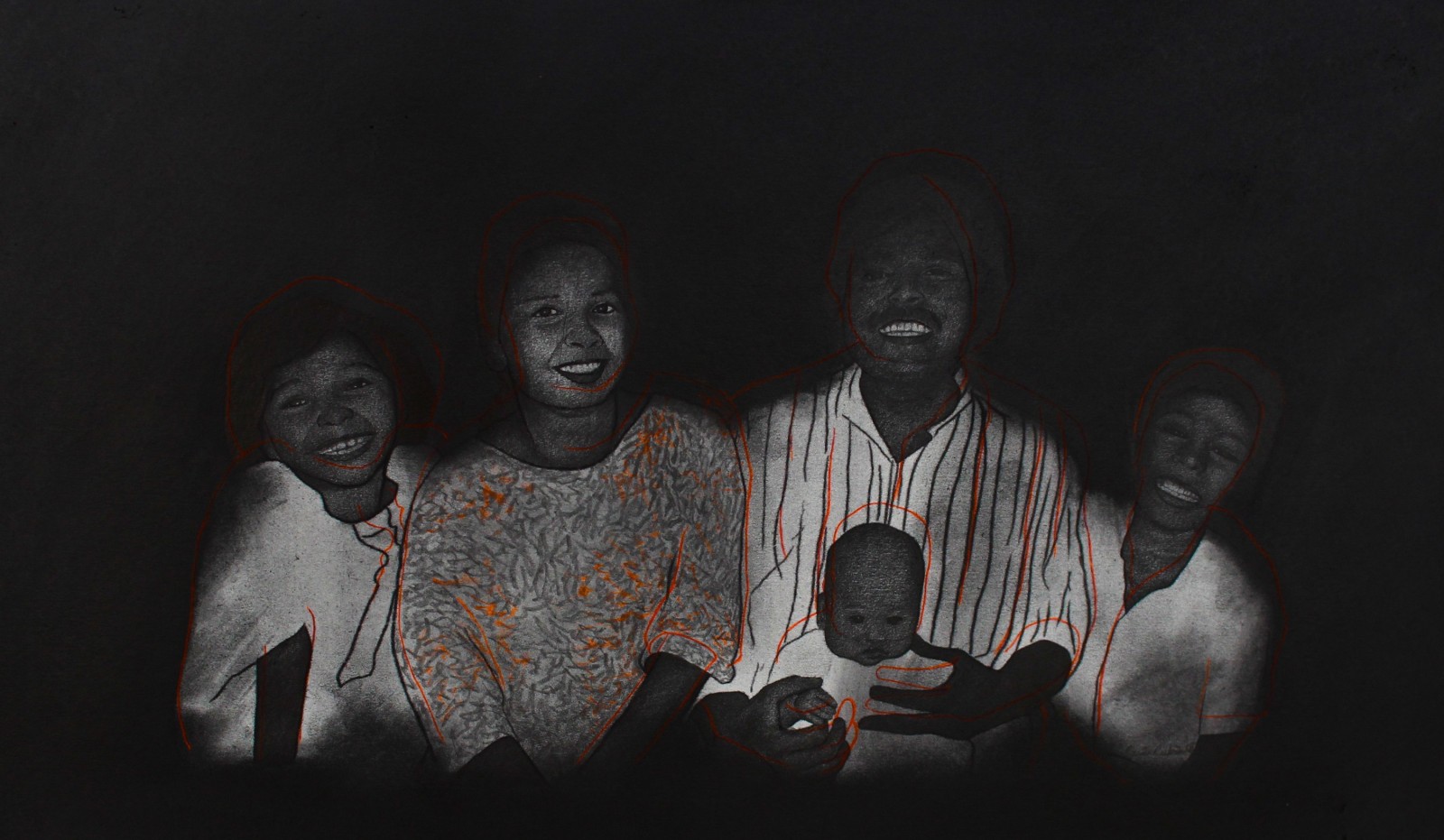 Razin Rubin, Happy Together, 2018, Graphite, carbon paper and fabric paint on mount board, 11.50 x 21 in