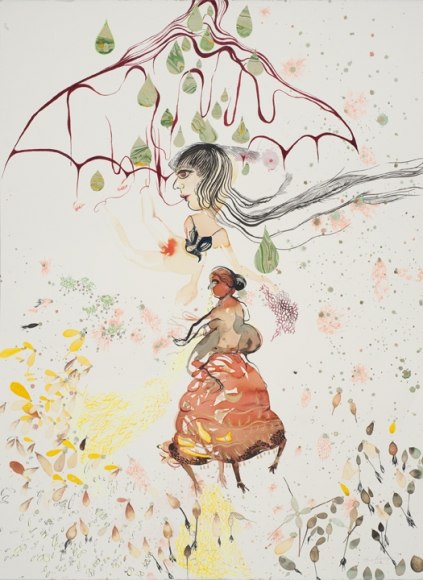 Rina Banerjee A Ring of selfless idealism transcended her humanity floated her above ocean visual bliss contained body and beauty beating its belly and banished the material for spiritual seasons to take hold until oldness closed 2012 Acrylic, ink and gold leaf on paper 30 x 22 in.