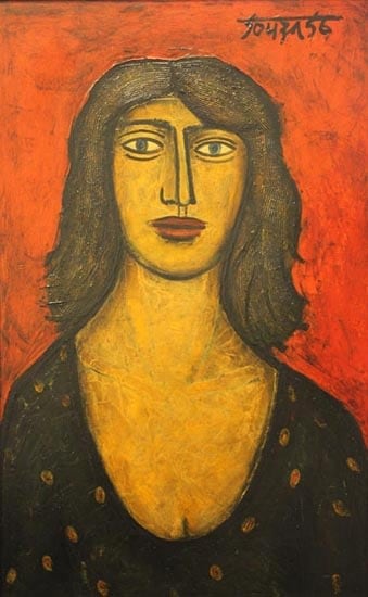 FN Souza WOMAN IN RED DRESS (PORTRAIT OF L.K.) 1956 Oil on board 39 x 23.5 in. NFS