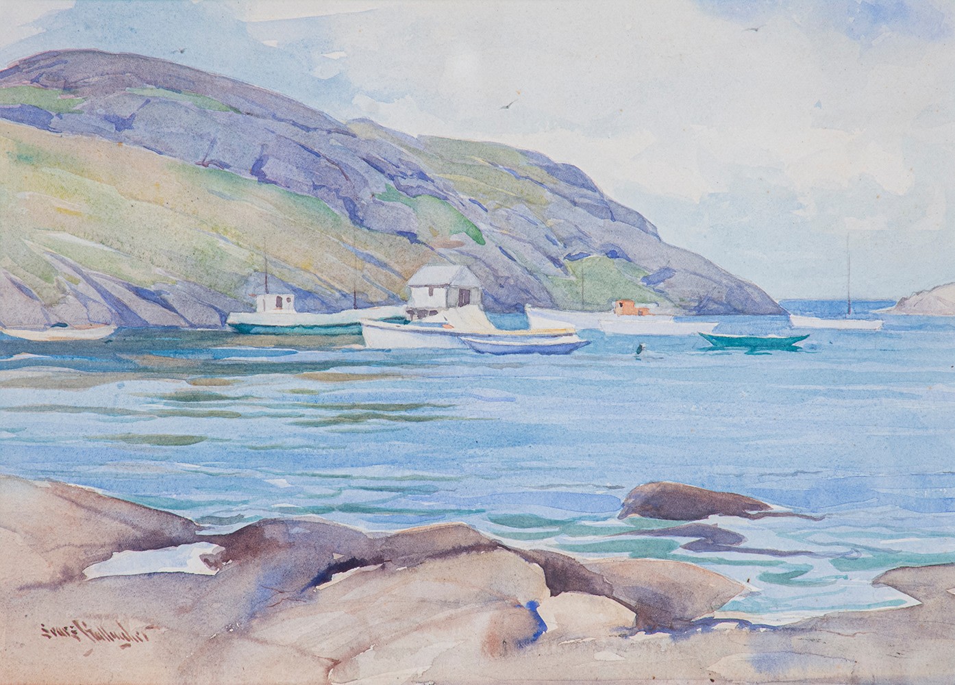 a watercolor painting depicting a small fishing shack and several boats in the water, the foreground with a rocky coastline, the background mountainous cliffs of the coast of Monhegan island in Maine
