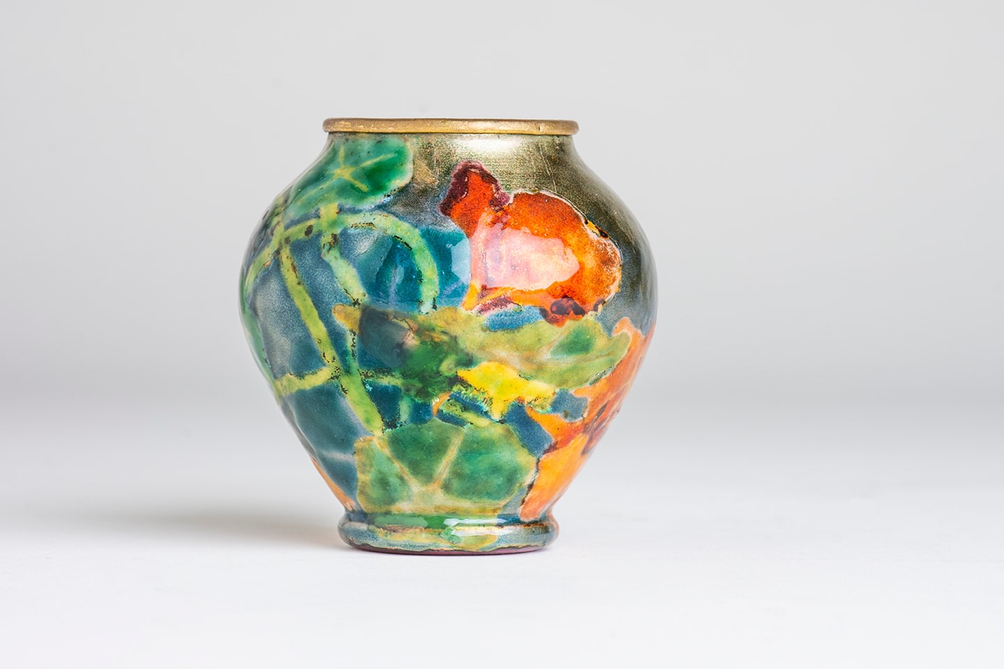 Rare Enamel on Copper Vase with Nasturtium Decoration