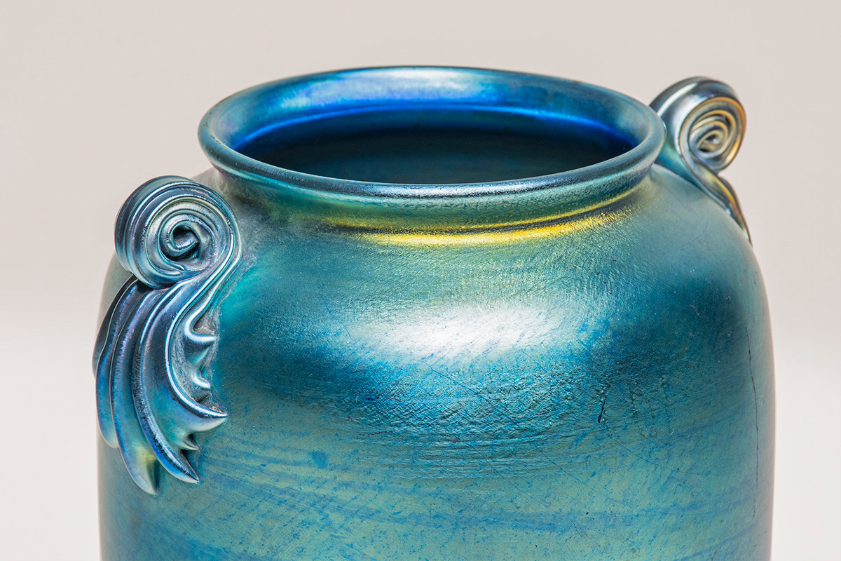 Blue Iridescent Favrile Glass Vase with Scroll Handles