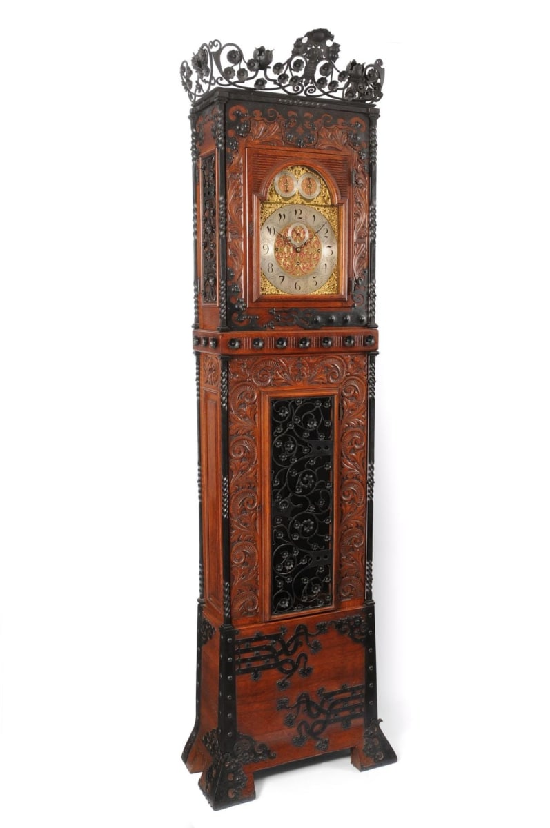 Tall Aesthetic Movement Oak and Wrought Iron Case Clock