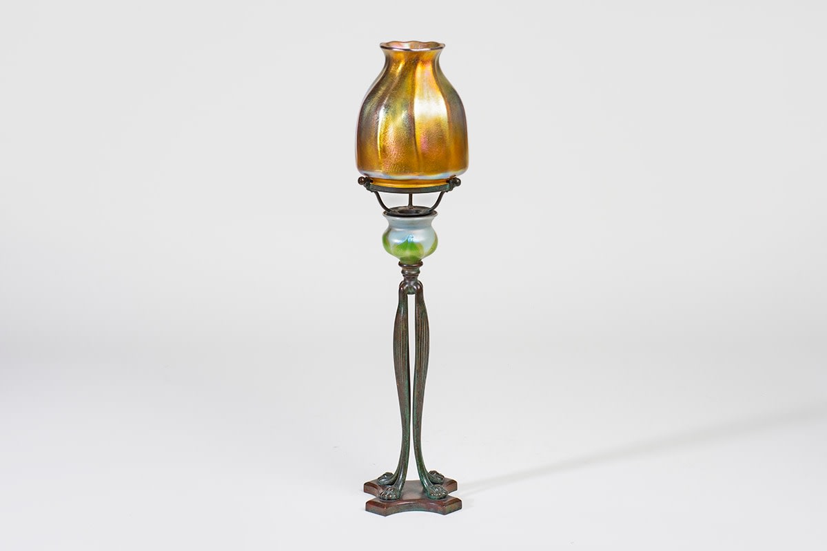 Decorated Candlestick with Favrile Glass Shade