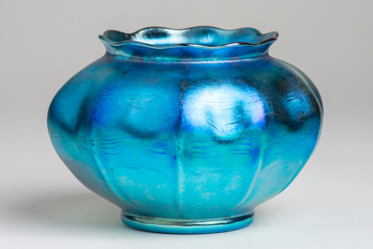 Ribbed Blue Iridescent Favrile Glass Vase
