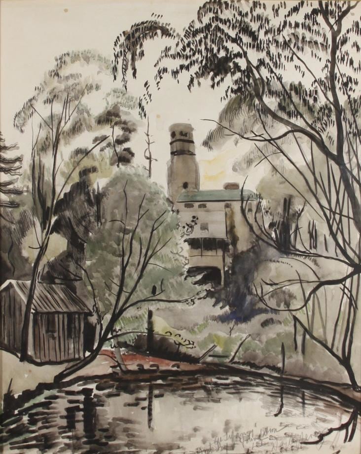 a watercolor and gouache study in a loose style of Laurelton Hall, the palatial estate of Louis Comfort Tiffany, and its famous gardens, in earthy green, gray and brown tones, with loose gestural strokes