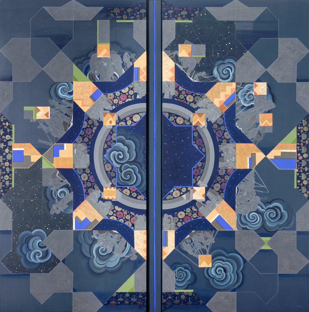 Echoes of the Microcosm II, 2025, Acrylic, fabric, pigment, glue on canvas, wood