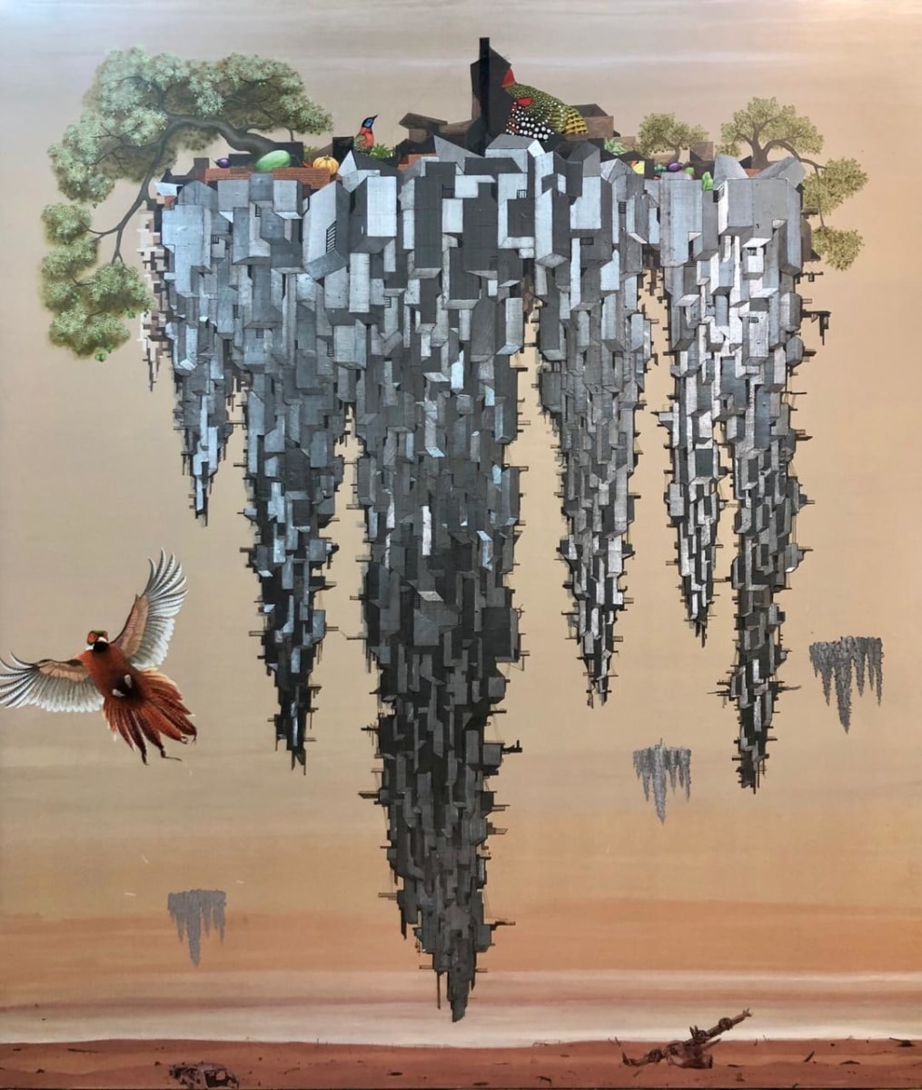 Jagannath Panda (b.1970)  Where city meets Sea-1, 2018  Acrylic, Fabric, glue.  90h x 78w in