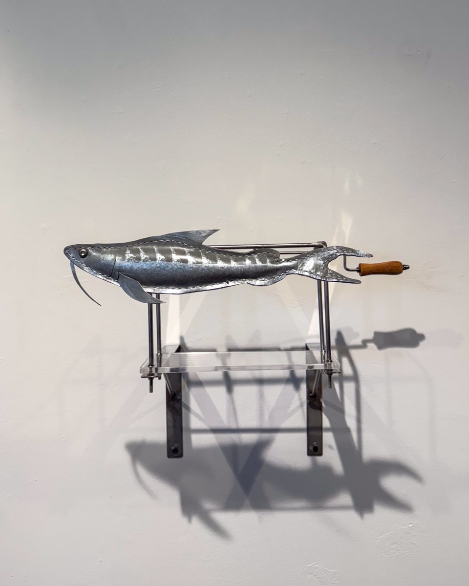 Promotesh Das Pulak, Extinct Fish 3, 2025, Steel, leather, acrylic, glass, 15 x 24 x 14 in
