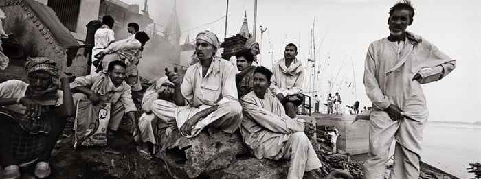 Raghu Rai AT MANIKARNIKA GHAT, WHERE HINDU BURN THEIR DEAD, VARANASI 2004 Digital scan of photographic negative on archival paper 20 x 54 in.