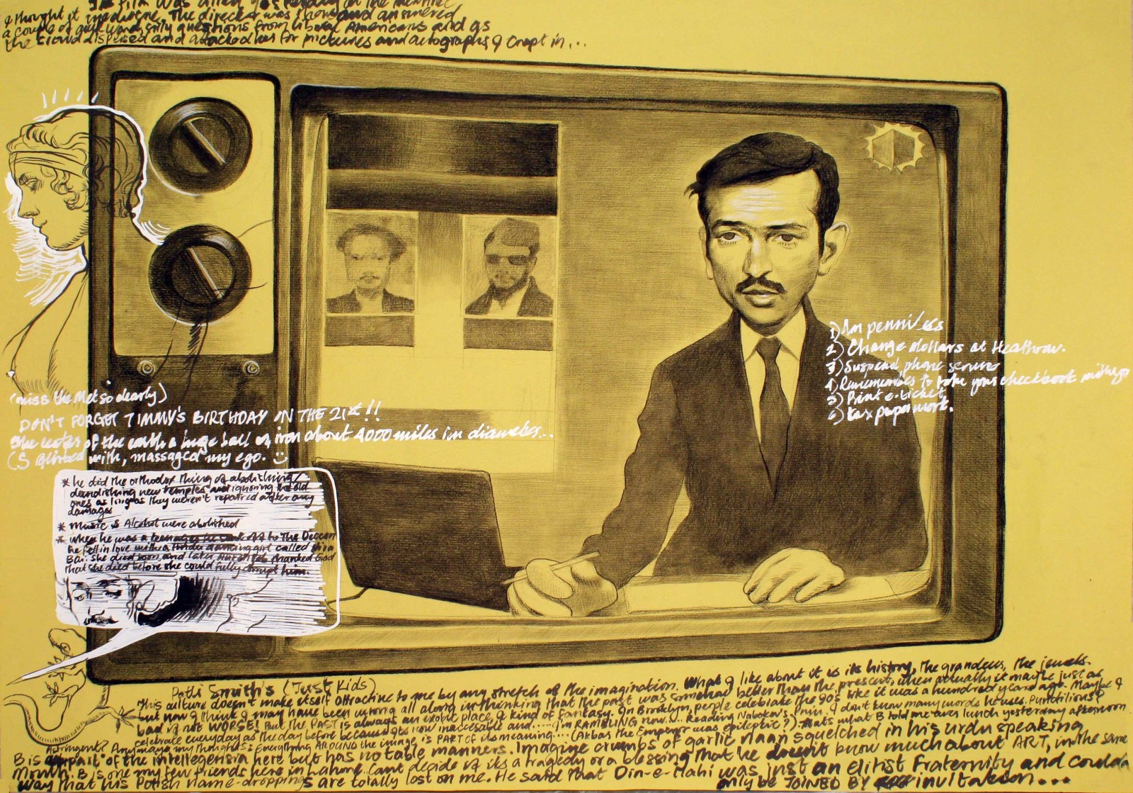 Salman Toor, Newscaster II, 2014, Charcoal, chalk and marker on paper, 20 x 26 in