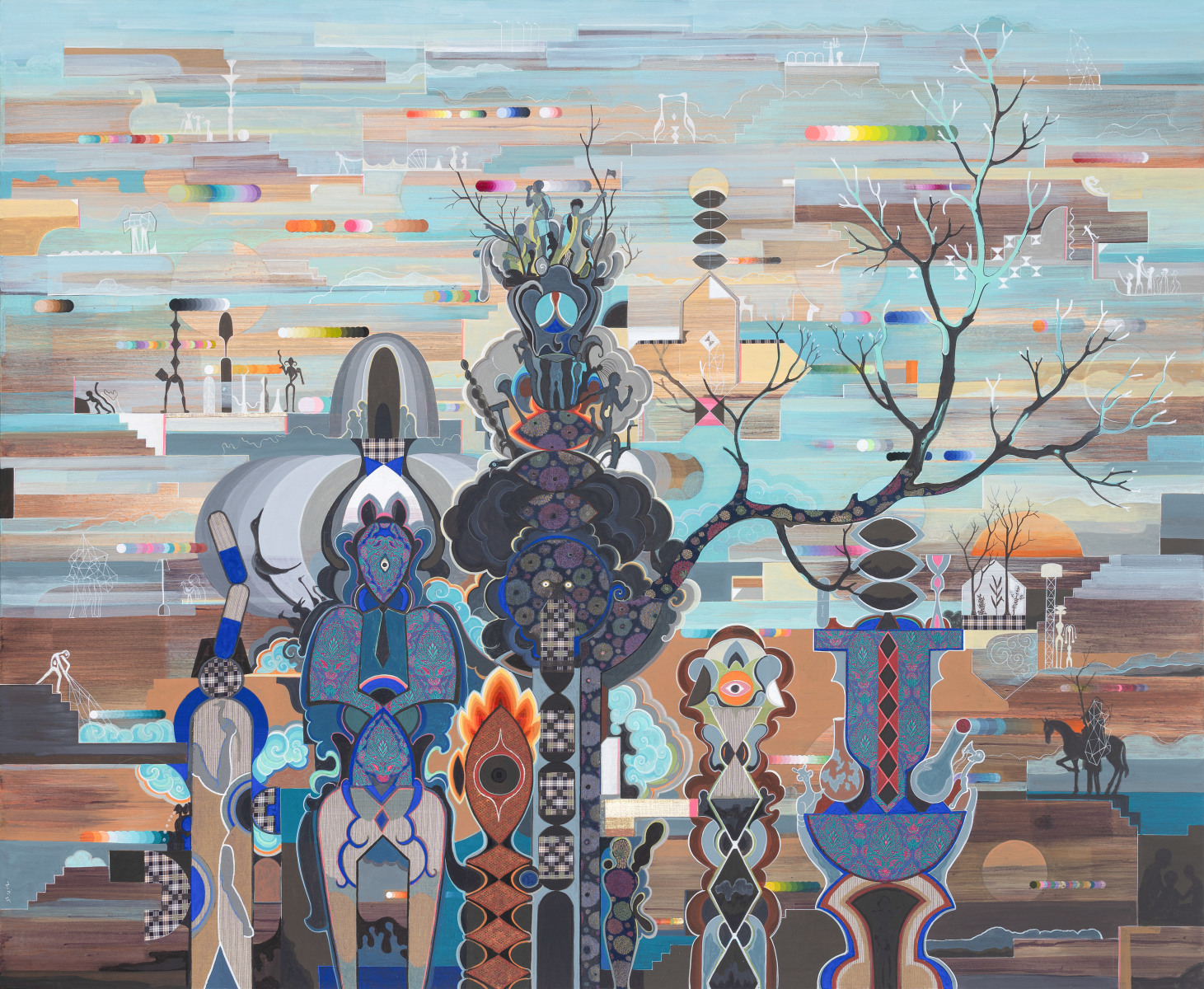 Guardians of the Invisible City, 2025, Acrylic, fabric, pigment, glue on canvas
