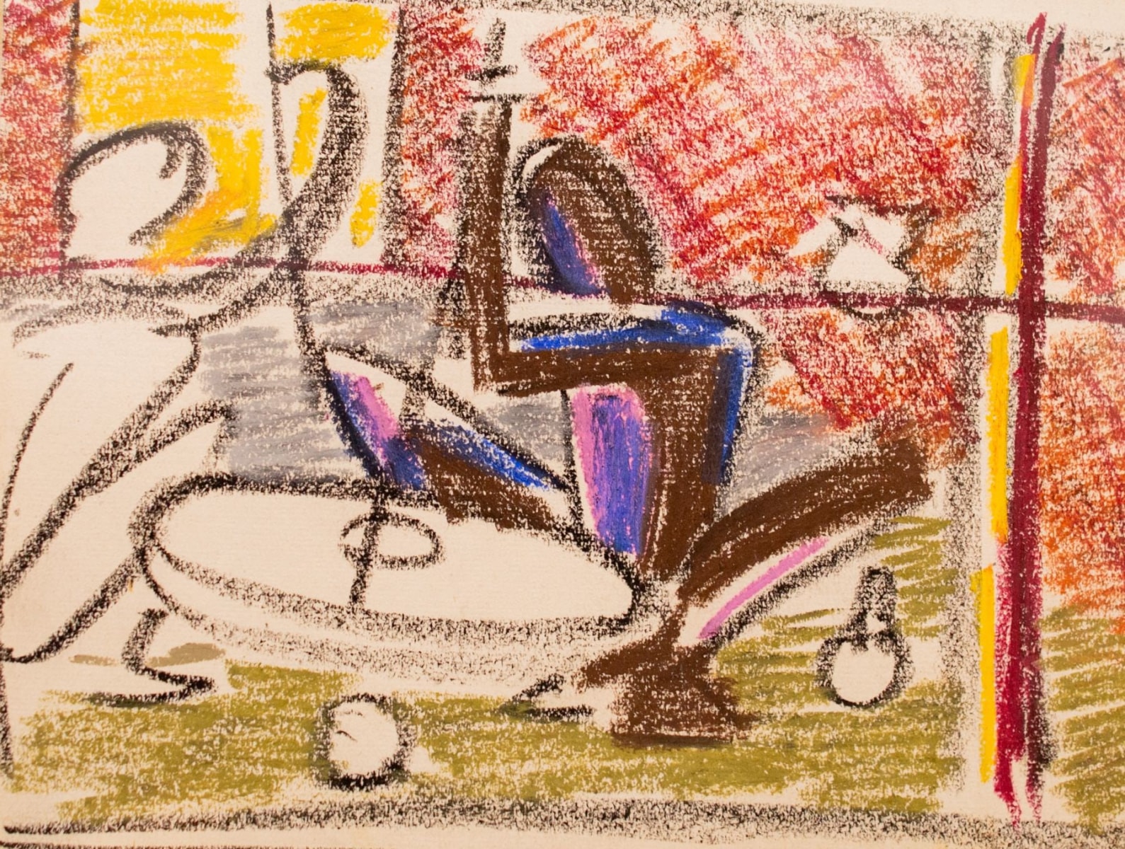 Biren De, Untitled Sketch (Seated Man in Brown, Pink, Blue), Circa 1960
