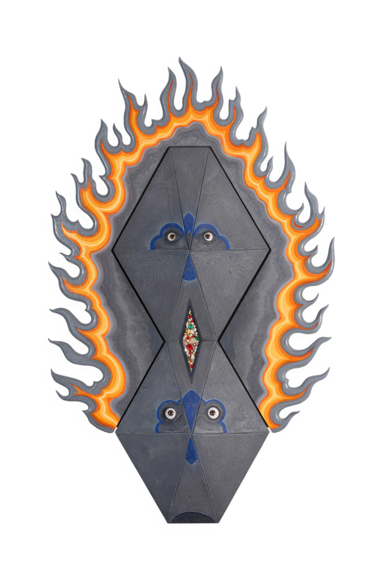 Flame face 1, 2025, Acrylic, fabric, pigment, jewelry, wood, papier-mâché, cement, lime plaster, and glue on plywood