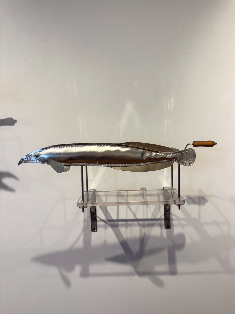 Promotesh Das Pulak, Extinct Fish 1, 2025, Steel, leather, acrylic, glass, 15 x 17 x 16 in