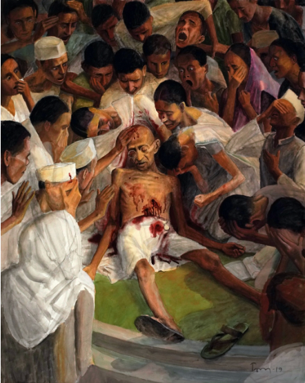 Tom Vattakuzhy Death of Gandhi, 2019 Gouache on Canson paper 50h x 40w in