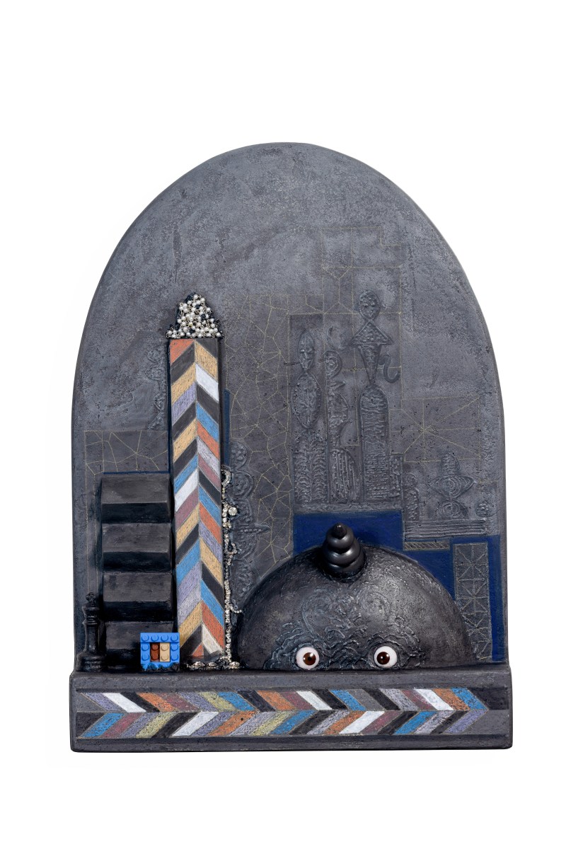 Substants of Faith III, 2025, Acrylic, fabric, pigment, jewelry, wood, papier-mâché, cement, lime plaster, and glue on plywood