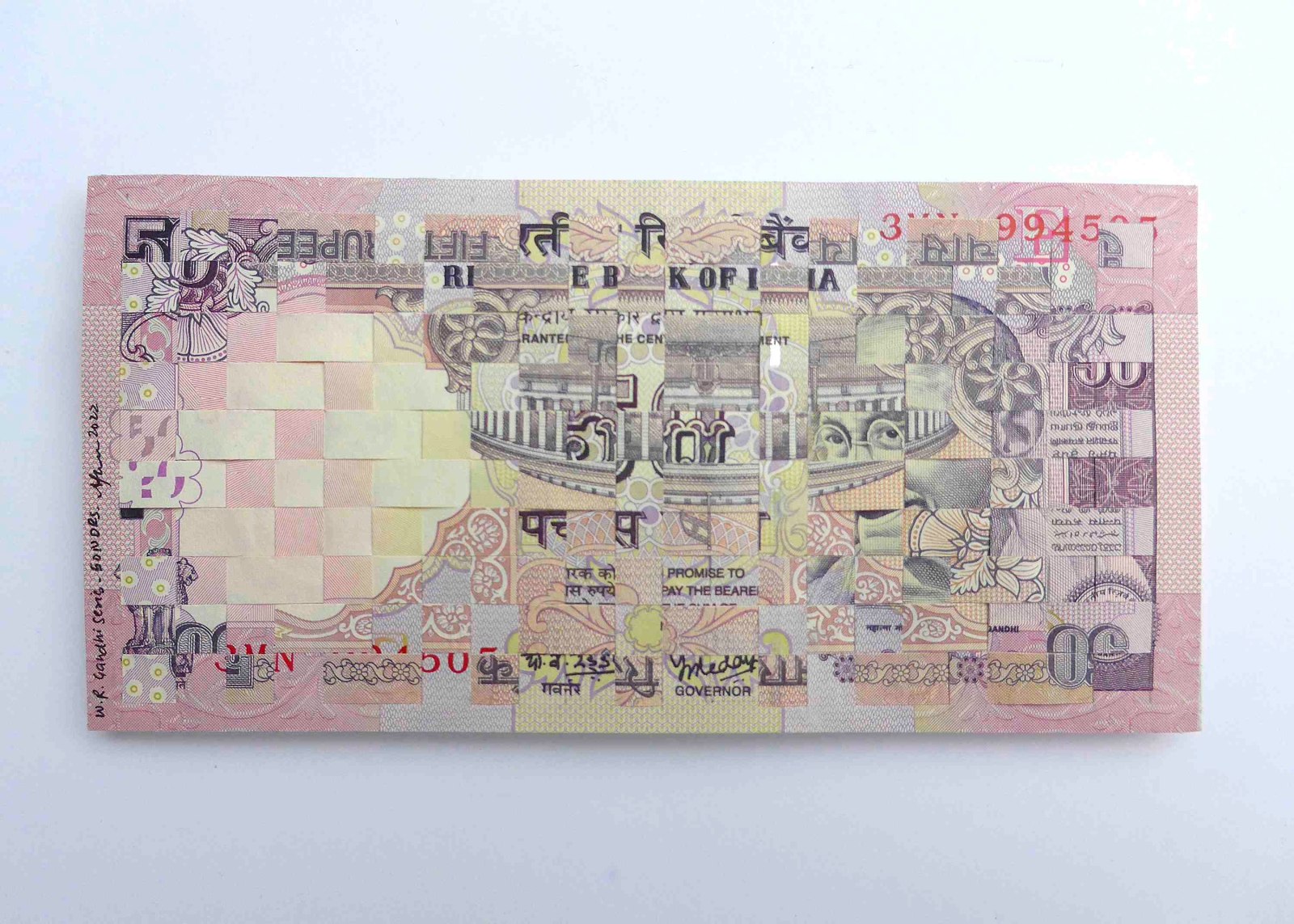 Abdullah M. I. Syed Weaving Myths and Realities: 50 Indian Rupees (Gandhi and Indian Parliament/Flag, Rector/Verso), 2022 Hand-cut and woven uncirculated 50 Indian Rupee and archival tape 2.87h x 5.79w in
