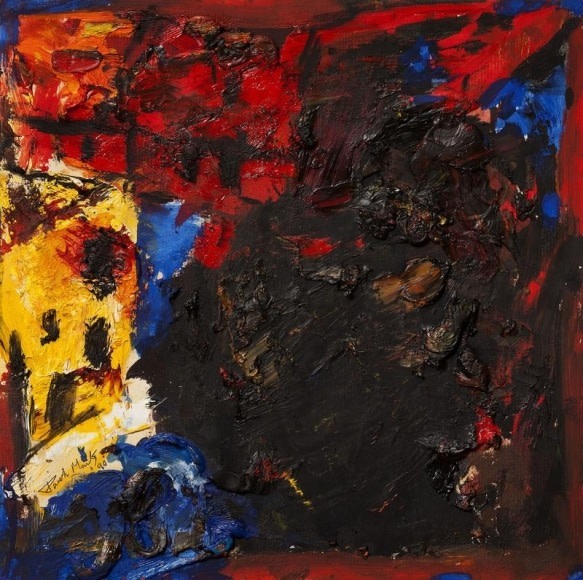 Paresh Maity Untitled (Sunset Over City) 1990 Oil on board 11 x 11 in.