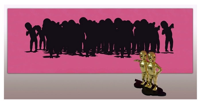 WHO IS RESPONSIBLE FOR MY LOST FRIENDS? (Diptych) 2008 Painting - Oil and acrylic on canvas 84 x 240 in. Sculpture - Fiberglass with gold leaf 36 x 48 x 24 in.