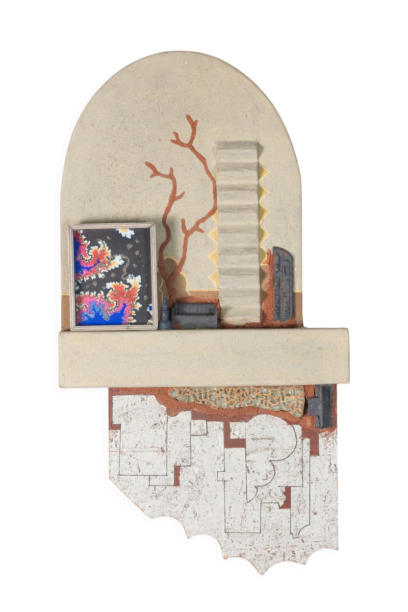 Fragments of a Forgotten Land II, 2025, Acrylic, fabric, pigment, glass, wood, paper, paper mache, cement, lime, plaster, glue on plywood