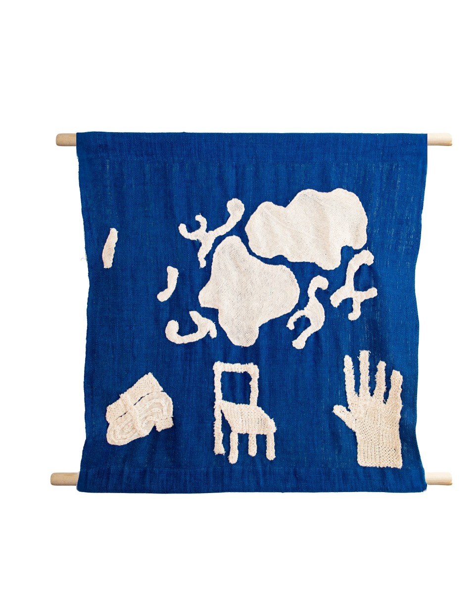 scroll, chair, hand, 2025, Indigo kala cotton