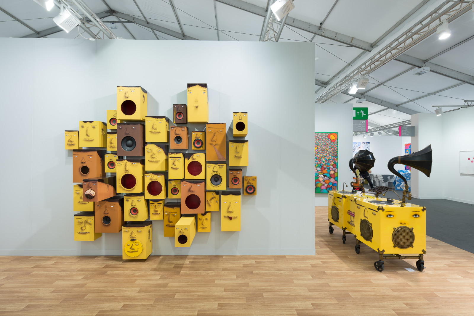 View of Lehmann Maupin's art fair booth at Frieze London 2018 featuring OSGEMEOS, perspective 5