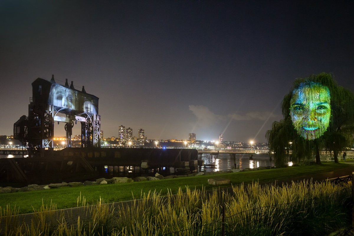 A look at Tony Oursler&#039;s immersive, multimedia exhibition, Tear of the Cloud., Public Art Fund, Riverside Park South, New York