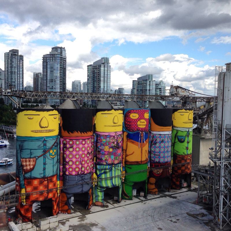 OSGEMEOS, Giants, Mural on six concrete silos