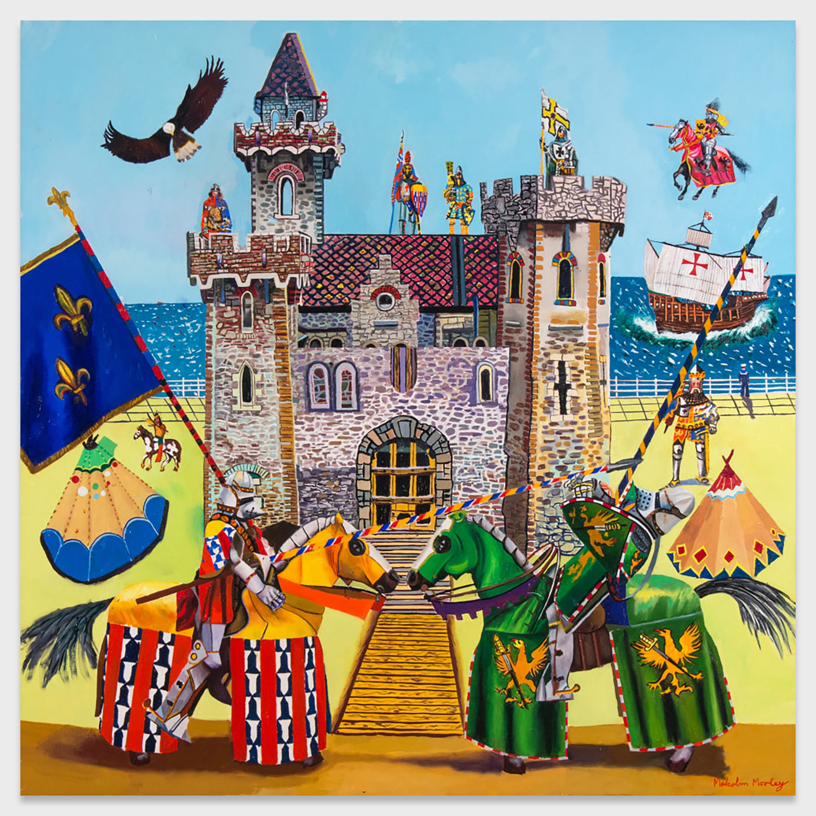 Malcolm Morley, French and English Knights Engaged in Mortal Combat, 2017, Oil on linen, 50 x 50 inches.